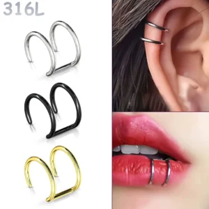 Faux Piercing Lèvre Cartilage Double Anneau en Acier.