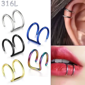 Faux Piercing Lèvre Cartilage Double Anneau en Acier.