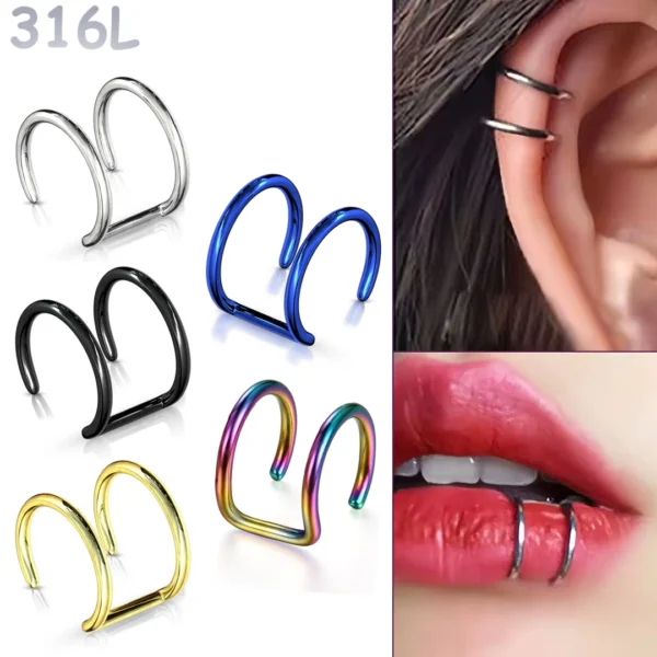 Faux Piercing Lèvre Cartilage Double Anneau en Acier Faux Piercing Lèvre Cartilage Double Anneau en Acier.