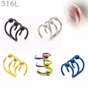 Faux Piercing Triple Anneau avec Billes en Acier 316L.