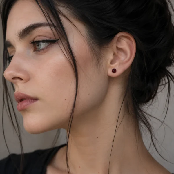 Femme avec Boucles d’Oreilles Rouge Grenat en Verre Argent 925 Femme avec Boucles d’Oreilles Rouge Grenat en Verre Argent 925.