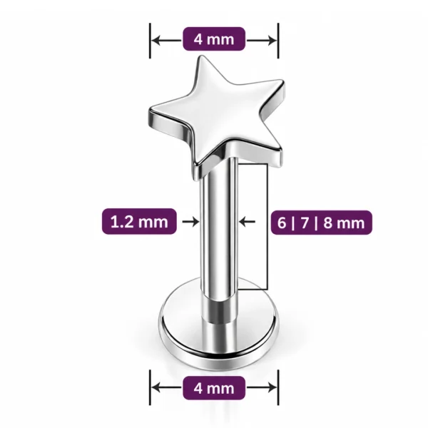 Piercing Étoile Labret 16G Titane ASTM-F136 (dimensions) Piercing Étoile Labret 16G Titane ASTM-F136 (dimensions).