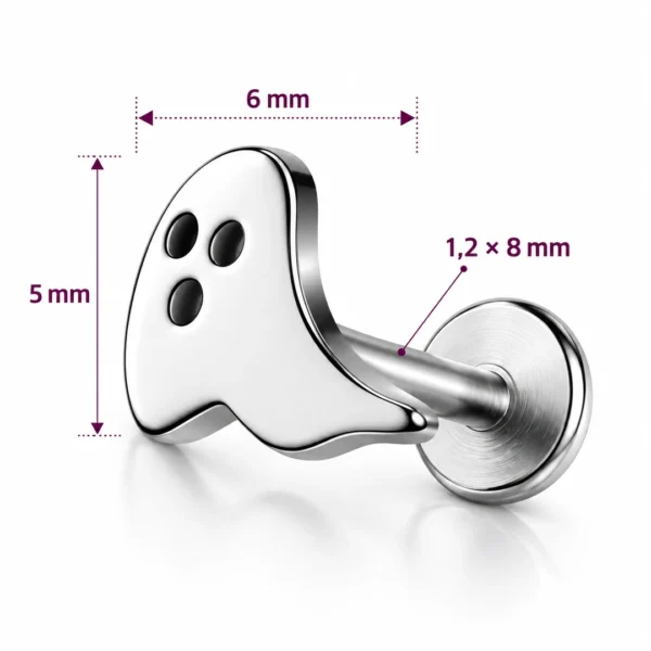 Piercing Fantôme Halloween Labret 16G Acier 316L (dimensions) Piercing Fantôme Halloween Labret 16G Acier 316L (dimensions).