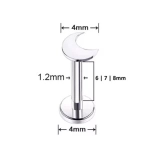 Piercing Labret Croissant de Lune en Titane (dimensions).