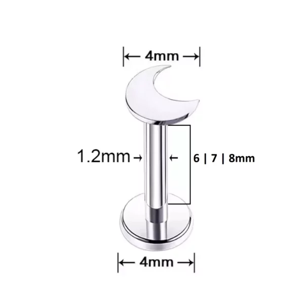 Piercing Labret Croissant de Lune en Titane (dimensions).