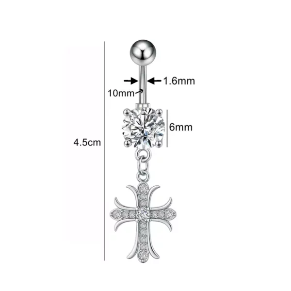 Piercing Nombril Croix Gothique en Titane et Zircons (dimensions).