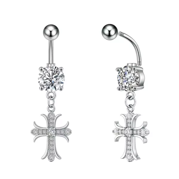 Piercing Nombril Croix Gothique en Titane et Zircons (vue profil et filetage) Piercing Nombril Croix Gothique en Titane et Zircons (vue profil et filetage).