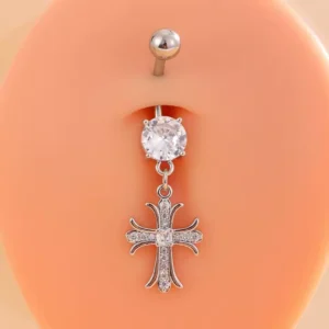 Piercing Nombril Croix Majestueuse Pavée de Zirconiums (présentation).