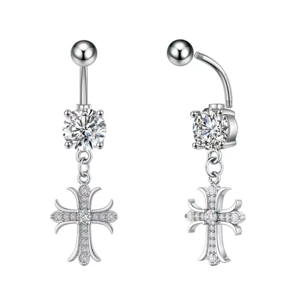 Piercing Nombril Croix Majestueuse Pavée de Zirconiums (vue profil et filetage) Piercing Nombril Croix Majestueuse Pavée de Zirconiums (vue profil et filetage).