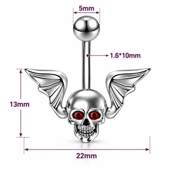 Piercing Nombril Tête de Mort Ailée aux Yeux Zirconiums Rouges (dimensions) Piercing Nombril Tête de Mort Ailée aux Yeux Zirconiums Rouges (dimensions).