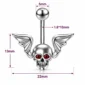Piercing Nombril Tête de Mort Ailée aux Yeux Zirconiums Rouges (dimensions).