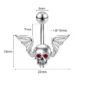 Piercing Nombril Tête de Mort Ailée en Acier et Zircons Rouges (dimensions).