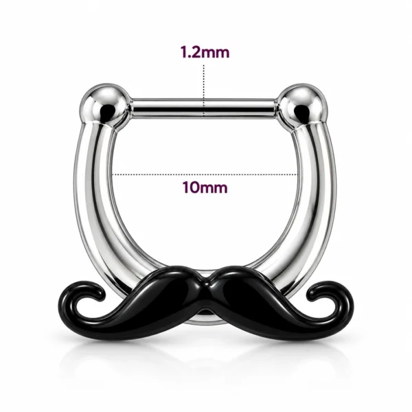 Piercing Septum Clicker à Moustache Noire Acier Chirurgical 316L (dimensions) Piercing Septum Clicker à Moustache Noire Acier Chirurgical 316L (dimensions).