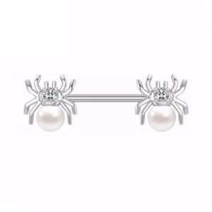 Piercing Téton Barbell Araignée en Titane avec Perle Blanche & Zircon.