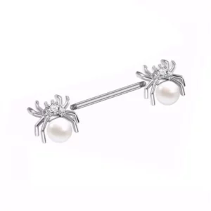 Piercing Téton Barbell Araignée en Titane avec Perle Blanche & Zircon (filetage).