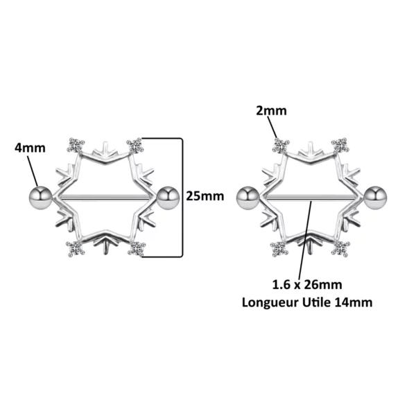 Piercing Téton Barbell Flocon en Acier avec Zircons (dimensions) Piercing Téton Barbell Flocon en Acier avec Zircons (dimensions).
