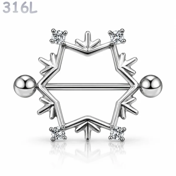 Piercing Téton Flocon de Neige en Acier avec Zirconiums.