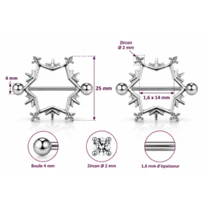 Piercing Téton Flocon de Neige en Acier avec Zirconiums (dimensions).