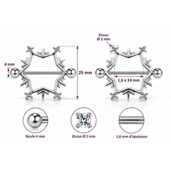 Piercing Téton Flocon de Neige en Acier avec Zirconiums (dimensions) Piercing Téton Flocon de Neige en Acier avec Zirconiums (dimensions).
