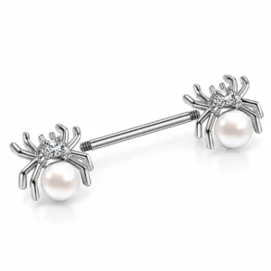 Piercing Téton Titane ASTM-F136 Araignée à Perle Blanche & Zirconium.