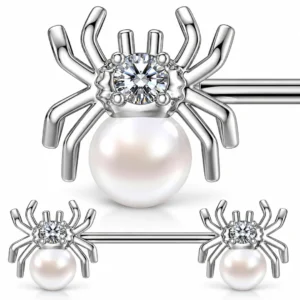 Piercing Téton Titane Araignée à Perle Blanche & Zirconium.
