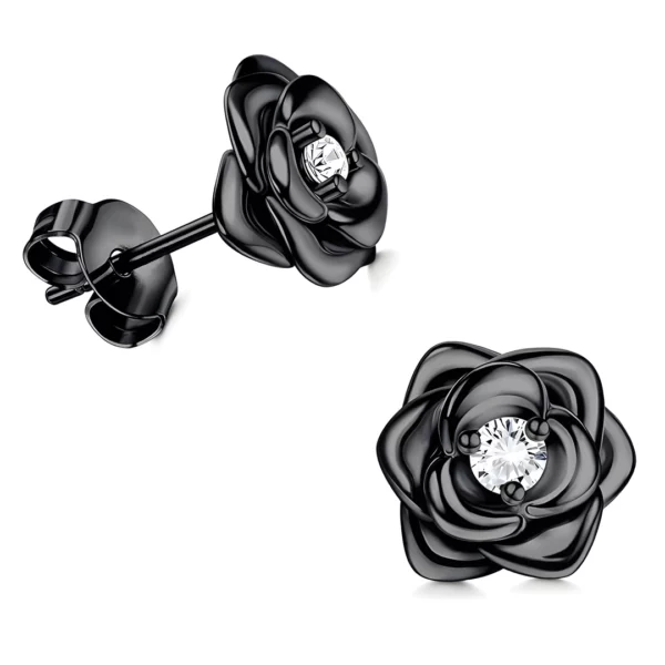 Boucles d’Oreilles Femme Rose Déployée avec Zircon Central Étincelant (variante noir) Boucles d’Oreilles Femme Rose Déployée avec Zircon Central Étincelant (variante noir).