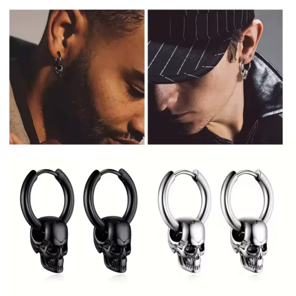 Boucles d’Oreilles Homme Gothiques Punk - Créoles Tête de Mort en Acier.