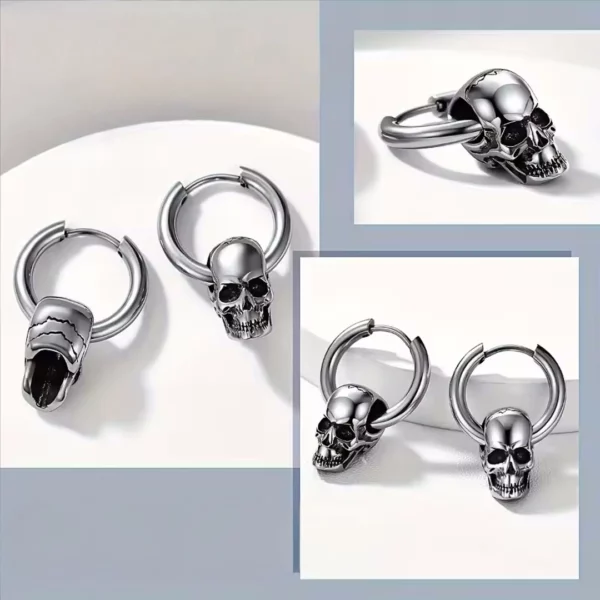 Boucles d’Oreilles Homme Gothiques Punk - Créoles Tête de Mort en Acier (variante acier expo) Boucles d’Oreilles Homme Gothiques Punk - Créoles Tête de Mort en Acier (variante acier expo).