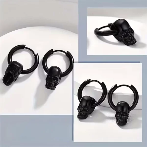 Boucles d’Oreilles Homme Gothiques Punk - Créoles Tête de Mort en Acier (variante noir expo) Boucles d’Oreilles Homme Gothiques Punk - Créoles Tête de Mort en Acier (variante noir expo).