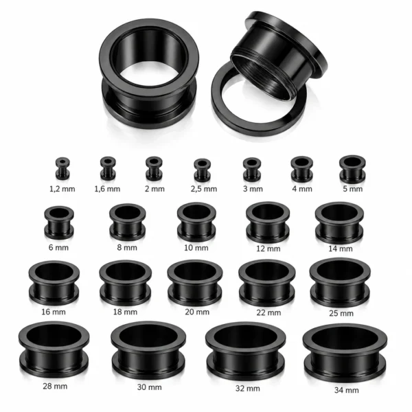 Écarteur Tunnel Vissable Acier 316L Noir PVD Bordure Large 1,2 à 34 mm Écarteur Tunnel Vissable Acier 316L Noir PVD Bordure Large 1,2 à 34 mm.