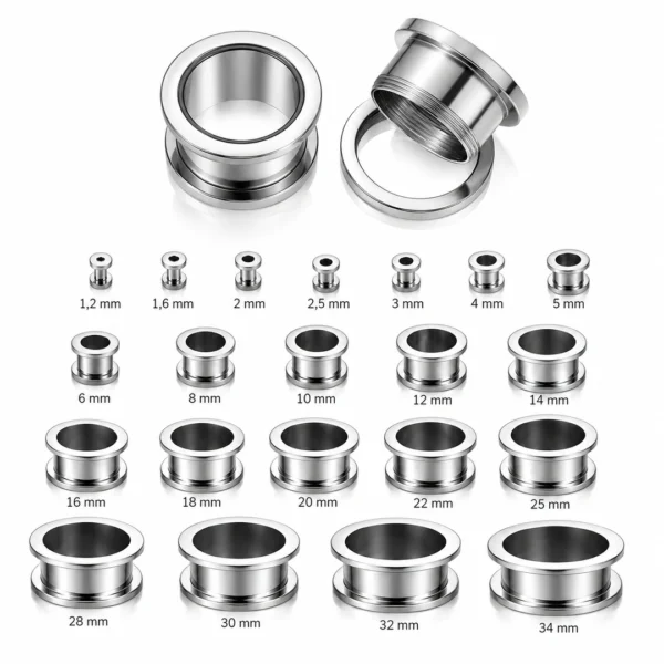 Écarteur Tunnel Vissable Acier 316L Poli Bordure Large 1,2 à 34 mm Écarteur Tunnel Vissable Acier 316L Poli Bordure Large 1,2 à 34 mm.