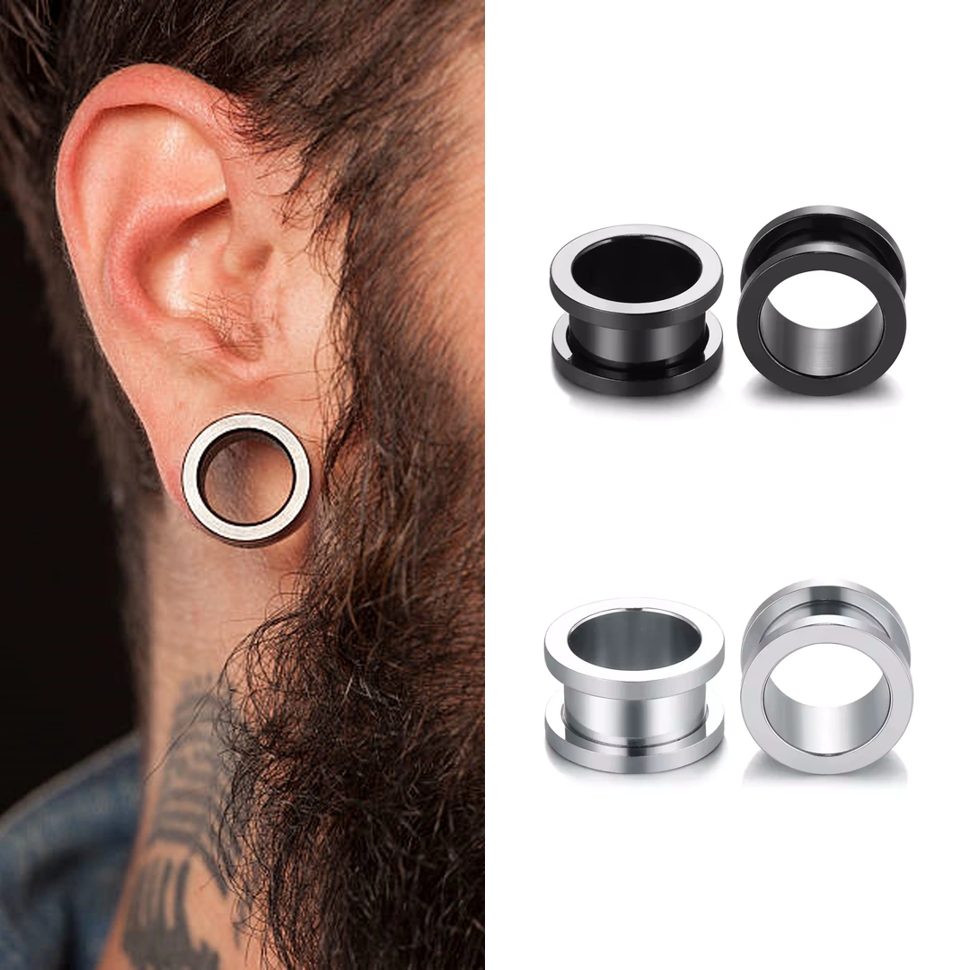 Tunnels Oreille 2 Pièces 10mm - Écarteurs Acier Chirurgical Creux - Couleurs Argent Et Noir