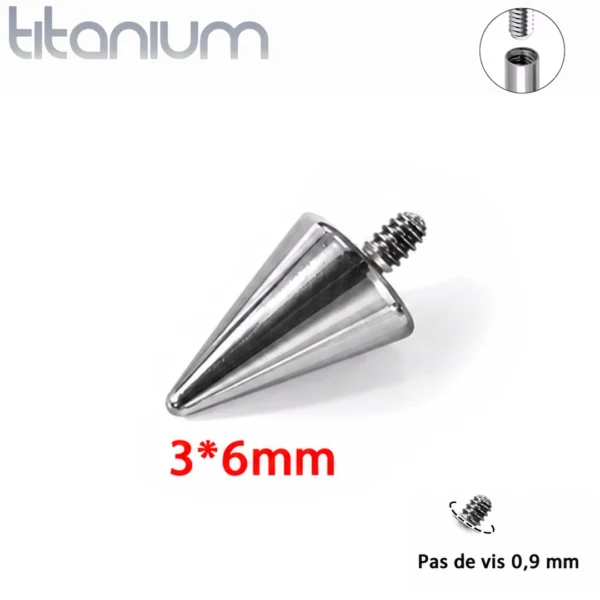 Embout Piercing Pointe 3x6 mm en Titane à Pas de Vis 0,9 mm Embout Piercing Pointe 3x6 mm en Titane à Pas de Vis 0,9 mm.