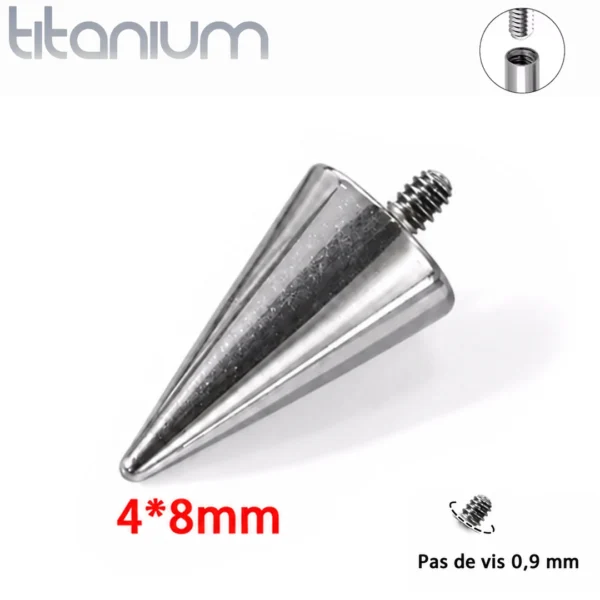 Embout Piercing Pointe 4x8 mm en Titane à Pas de Vis 0,9 mm Embout Piercing Pointe 4x8 mm en Titane à Pas de Vis 0,9 mm.