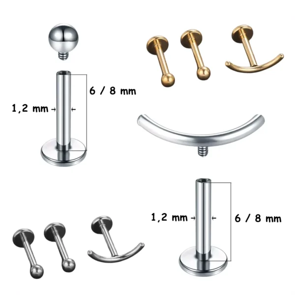 Ensemble de Piercing d'Oreille 'Smiley' en Titane à Filetage Interne (dimensions) Ensemble de Piercing d'Oreille 'Smiley' en Titane à Filetage Interne (dimensions).