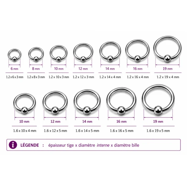 Piercing Anneau CBR en Acier Chirurgical 316L 16G & 14G (dimensions) Piercing Anneau CBR en Acier Chirurgical 316L 16G & 14G (dimensions).