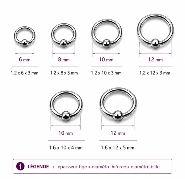 Piercing Anneau CBR en Acier Chirurgical 316L 16G & 14G (dimensions) Piercing Anneau CBR en Acier Chirurgical 316L 16G & 14G (dimensions).