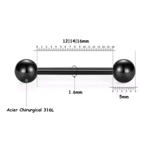 Piercing Barbell Double Bille pour Langue Bridge & Téton (dimensions).