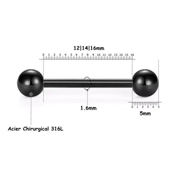 Piercing Barbell Double Bille pour Langue Bridge & Téton (dimensions).