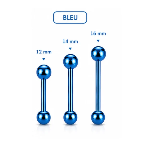 Piercing Barbell Droit Acier 316L Bleu PVD Langue Téton Bridge 12-14-16 mm Piercing Barbell Droit Acier 316L Bleu PVD Langue Téton Bridge 12-14-16 mm.