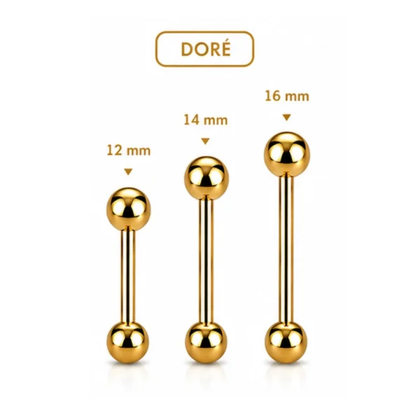 Piercing Barbell Droit Acier 316L Doré PVD Langue Téton Bridge 12-14-16 mm Piercing Barbell Droit Acier 316L Doré PVD Langue Téton Bridge 12-14-16 mm.