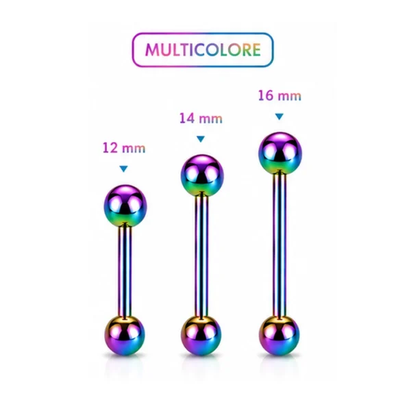 Piercing Barbell Droit Acier 316L Multicolore PVD Langue Téton Bridge 12-14-16 mm Piercing Barbell Droit Acier 316L Multicolore PVD Langue Téton Bridge 12-14-16 mm.