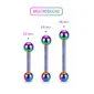Piercing Barbell Droit Acier 316L Multicolore PVD Langue Téton Bridge 12-14-16 mm.