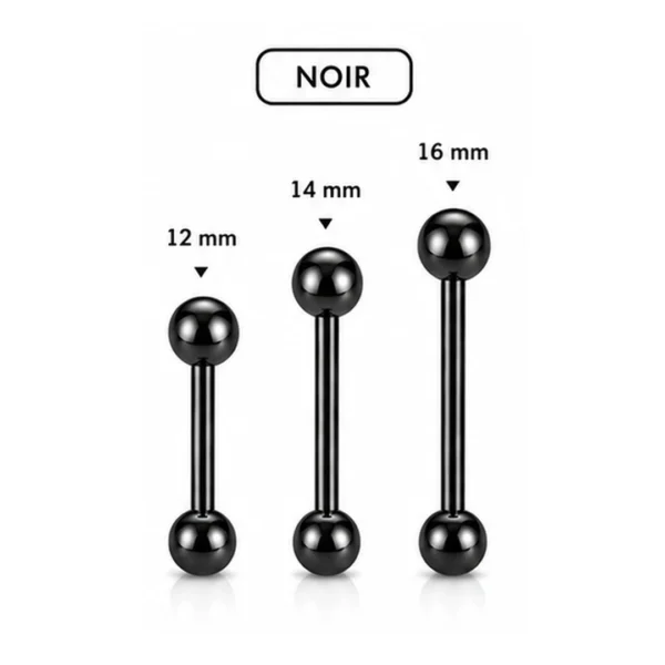 Piercing Barbell Droit Acier 316L Noir PVD Langue Téton Bridge 12-14-16 mm Piercing Barbell Droit Acier 316L Noir PVD Langue Téton Bridge 12-14-16 mm.