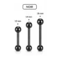 Piercing Barbell Droit Acier 316L Noir PVD Langue Téton Bridge 12-14-16 mm.