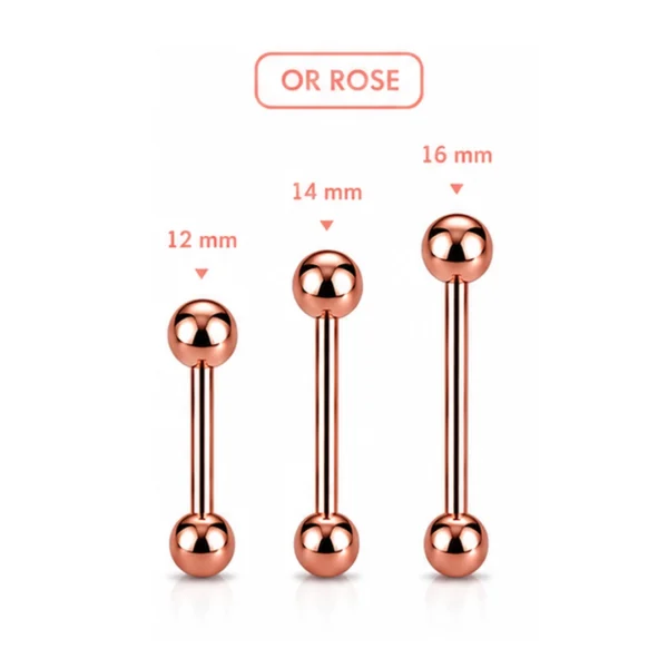 Piercing Barbell Droit Acier 316L Or Rose PVD Langue Téton Bridge 12-14-16 mm Piercing Barbell Droit Acier 316L Or Rose PVD Langue Téton Bridge 12-14-16 mm.