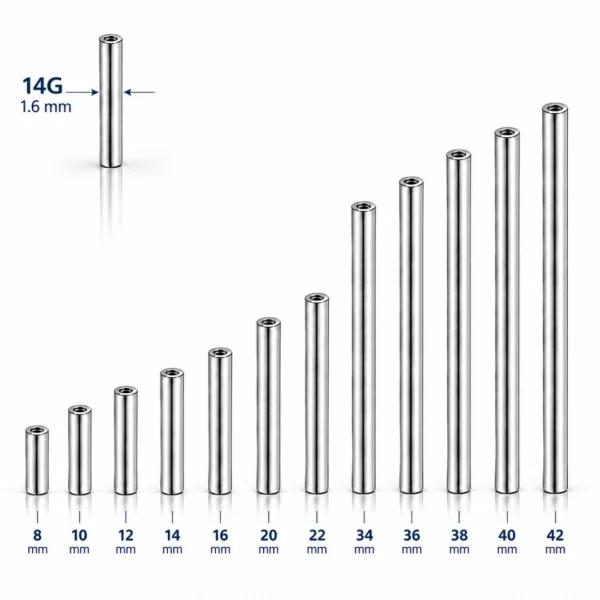 Piercing Barbell en Titane 14G 1,6 mm Longueurs 8 à 42 mm Piercing Barbell en Titane 14G 1,6 mm Longueurs 8 à 42 mm.
