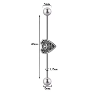 Piercing Industriel Double Bille avec Cœur et Croix Gothique Sertie en Acier Chirurgical (dimensions).