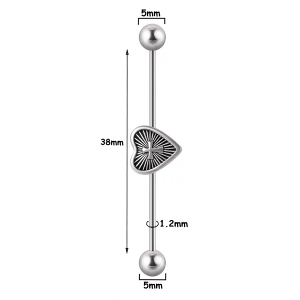 Piercing Industriel Double Bille avec Cœur et Croix Gothique Sertie en Acier Chirurgical (dimensions) Piercing Industriel Double Bille avec Cœur et Croix Gothique Sertie en Acier Chirurgical (dimensions).