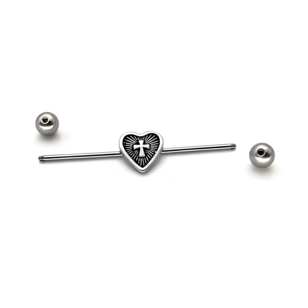 Piercing Industriel Double Bille avec Cœur et Croix Gothique Sertie en Acier Chirurgical (filetage) Piercing Industriel Double Bille avec Cœur et Croix Gothique Sertie en Acier Chirurgical (filetage).